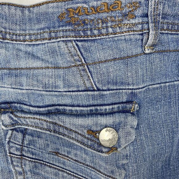 Mudd Denim Shorts Raw Cuffed Hem Snap Pockets Distressed Womens Jr Size 13 Blue - Picture 3 of 7